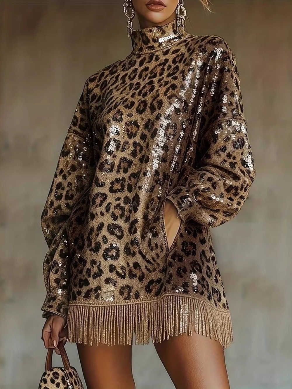 Night Out Sequin Leopard Print Fringe Tunic Dress Mini - Brown